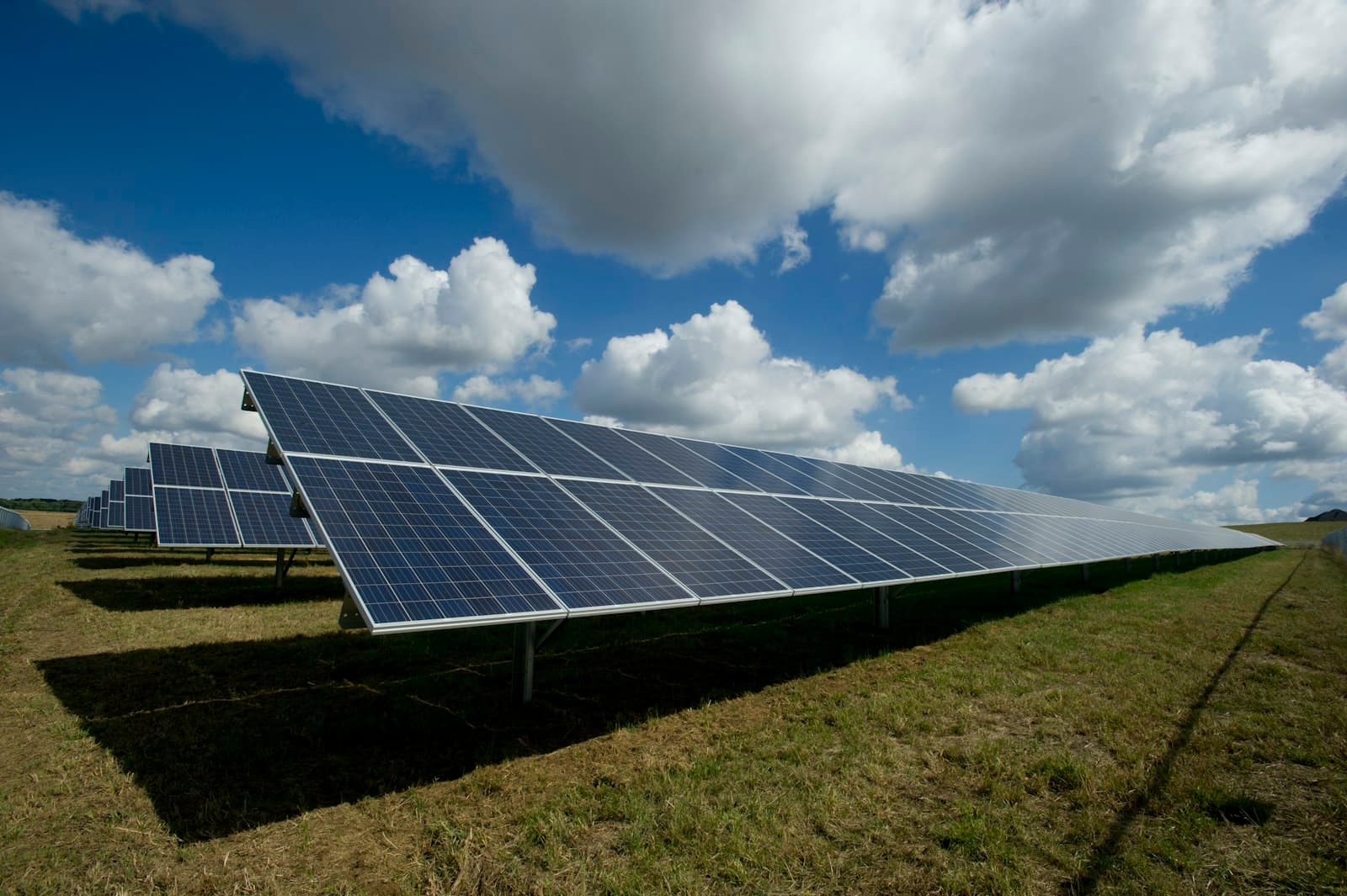 Rows of solar panels on a green field
